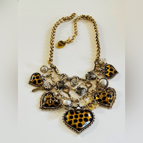 Betsey Johnson Necklace Designer Heart Bow Polka Dot Multi Crystal Gold Bib Rare - Picture 8 of 8